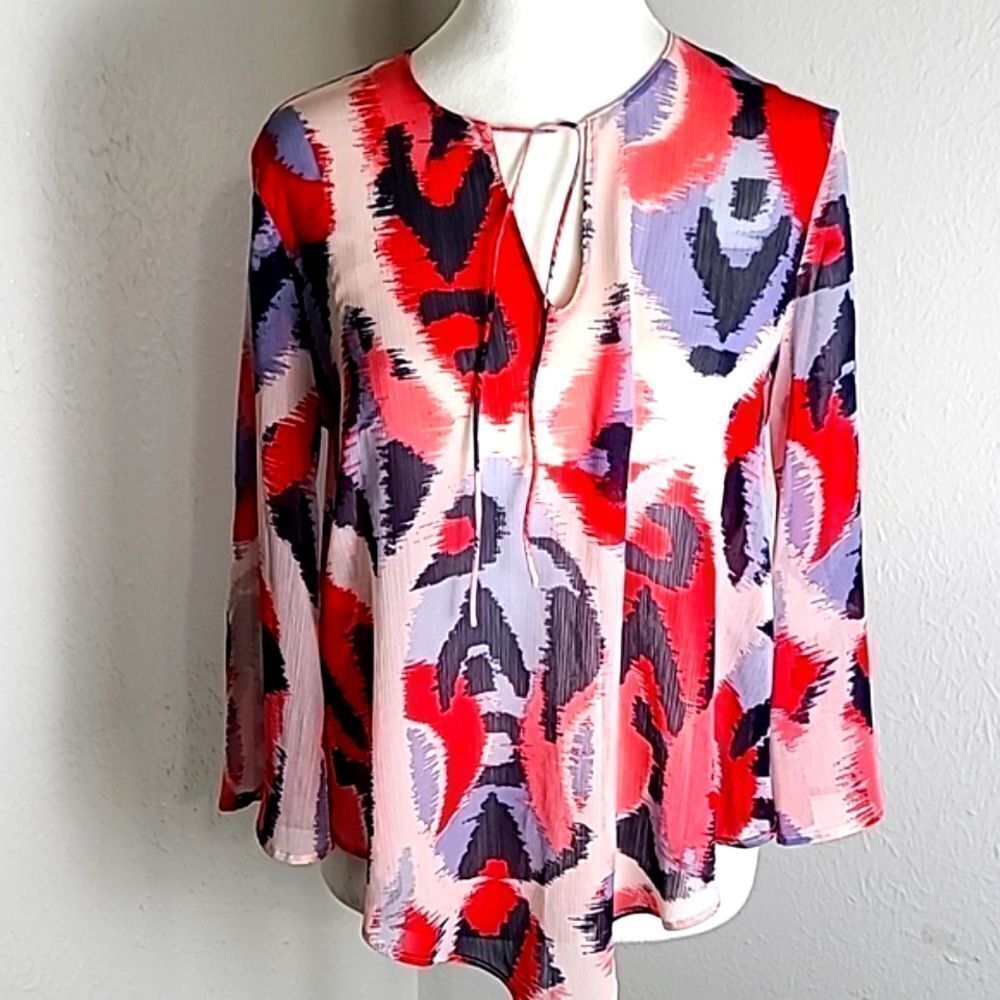 Banana Republic Sheer Colorful Top, Bell Sleeves, Curved Hemline, Size XS